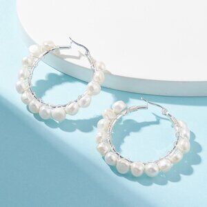 NWOT Natural white Pearl  Handmade Wire Wrapped Beaded Hoop Earrings, Silver